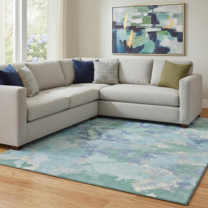 HomeRoots 8' Pale Aqua Ivory and Gray Abstract Area Rug - Washable, UV Protected, Durable Design for Homes 693364