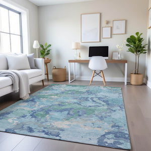 HomeRoots 8' Pale Aqua Ivory and Gray Abstract Area Rug - Washable, UV Protected, Durable Design for Homes 693364
