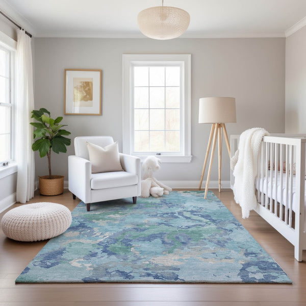 HomeRoots 8' Pale Aqua Ivory and Gray Abstract Area Rug - Washable, UV Protected, Durable Design for Homes 693364