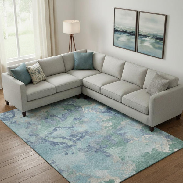 HomeRoots 9' X 12' Abstract Washable Area Rug in Pale Aqua, Ivory & Gray – UV Protected & Durable Design 693365
