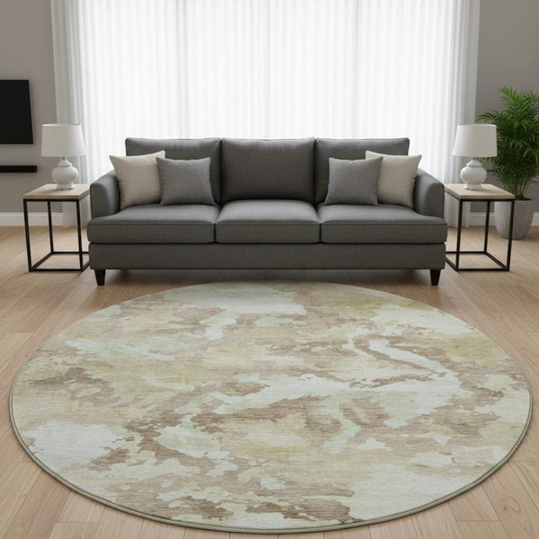 HomeRoots 8' X 8' Stylish Taupe Ivory Abstract Washable Round Rug - UV Protected, Stain Resistant, Durable Design 693369