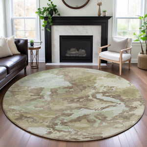 HomeRoots 8' X 8' Stylish Taupe Ivory Abstract Washable Round Rug - UV Protected, Stain Resistant, Durable Design 693369