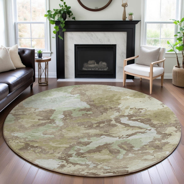 HomeRoots 8' X 8' Stylish Taupe Ivory Abstract Washable Round Rug - UV Protected, Stain Resistant, Durable Design 693369