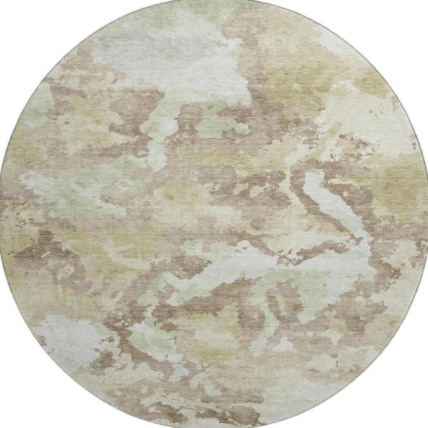 HomeRoots 8' X 8' Stylish Taupe Ivory Abstract Washable Round Rug - UV Protected, Stain Resistant, Durable Design 693369