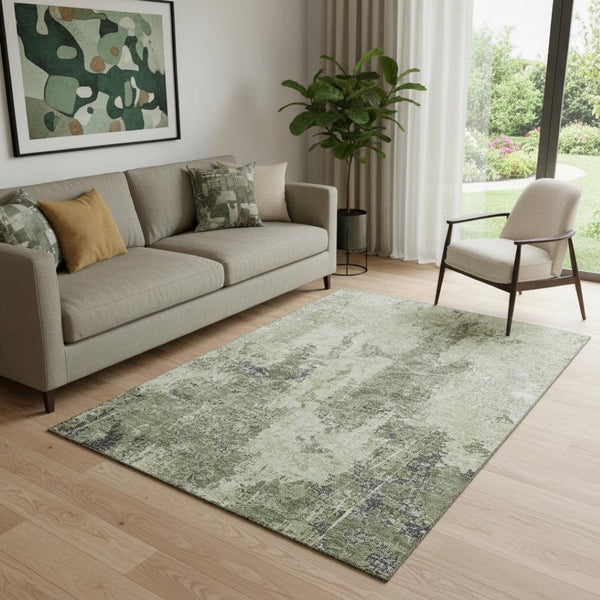 HomeRoots 5' X 8' Contemporary Artichoke Green Abstract Area Rug - Washable, UV Protected, Durable Design 693374