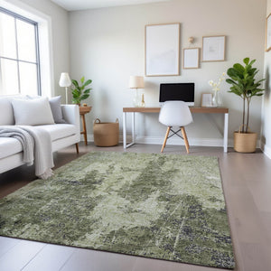HomeRoots 5' X 8' Contemporary Artichoke Green Abstract Area Rug - Washable, UV Protected, Durable Design 693374