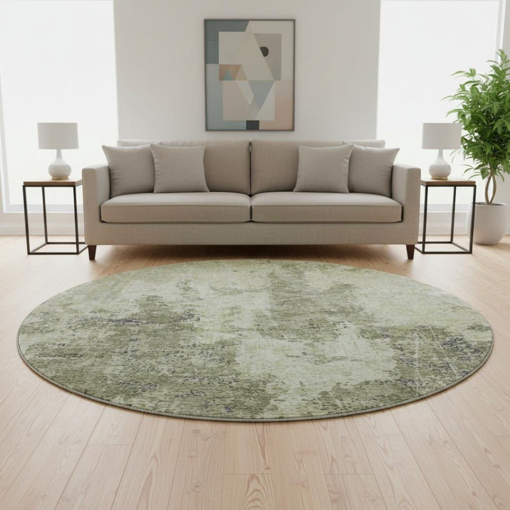 HomeRoots 8' X 8' Artichoke Green Abstract Round Rug – Stylish, Washable, UV-Protected, Modern Decor Essential! 693375