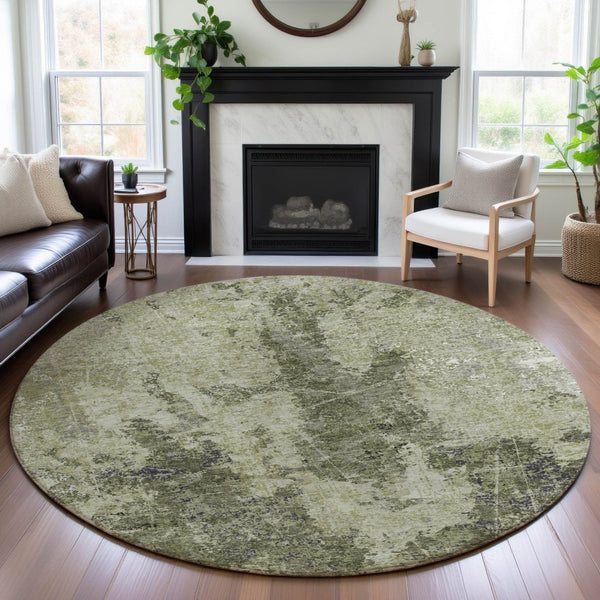 HomeRoots 8' X 8' Artichoke Green Abstract Round Rug – Stylish, Washable, UV-Protected, Modern Decor Essential! 693375