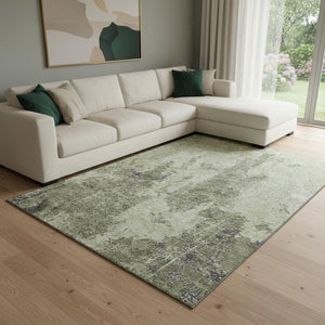 HomeRoots 8' Artichoke Green Charcoal & Ivory Abstract Area Rug - Washable, UV Protected, Stain-Resistant Design 693376