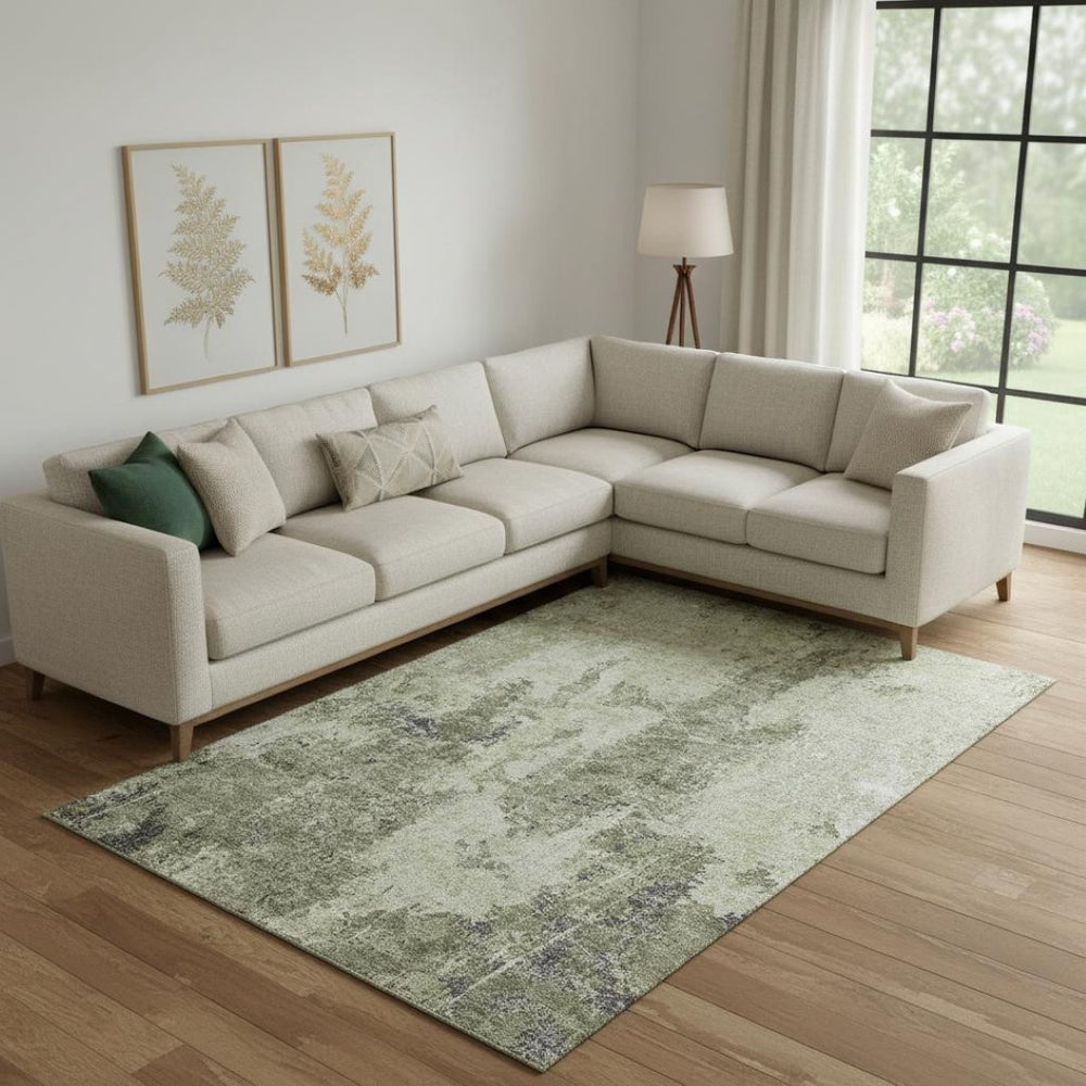 HomeRoots 9' X 12' Artichoke Green Charcoal Ivory Abstract Rug - Durable, Washable, UV Protected for Active Homes 693377