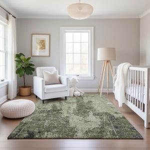 HomeRoots 10' X 14' Artichoke Green Abstract Area Rug – Washable, Stain-Resistant, UV Protected & Non-Slip Backing 693378