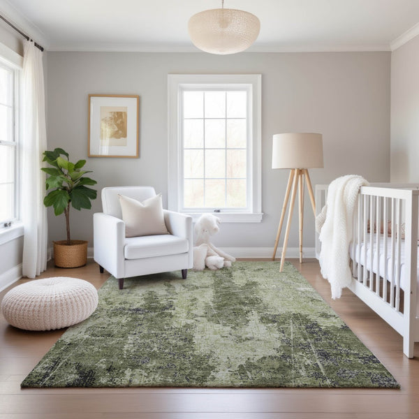 HomeRoots 10' X 14' Artichoke Green Abstract Area Rug – Washable, Stain-Resistant, UV Protected & Non-Slip Backing 693378