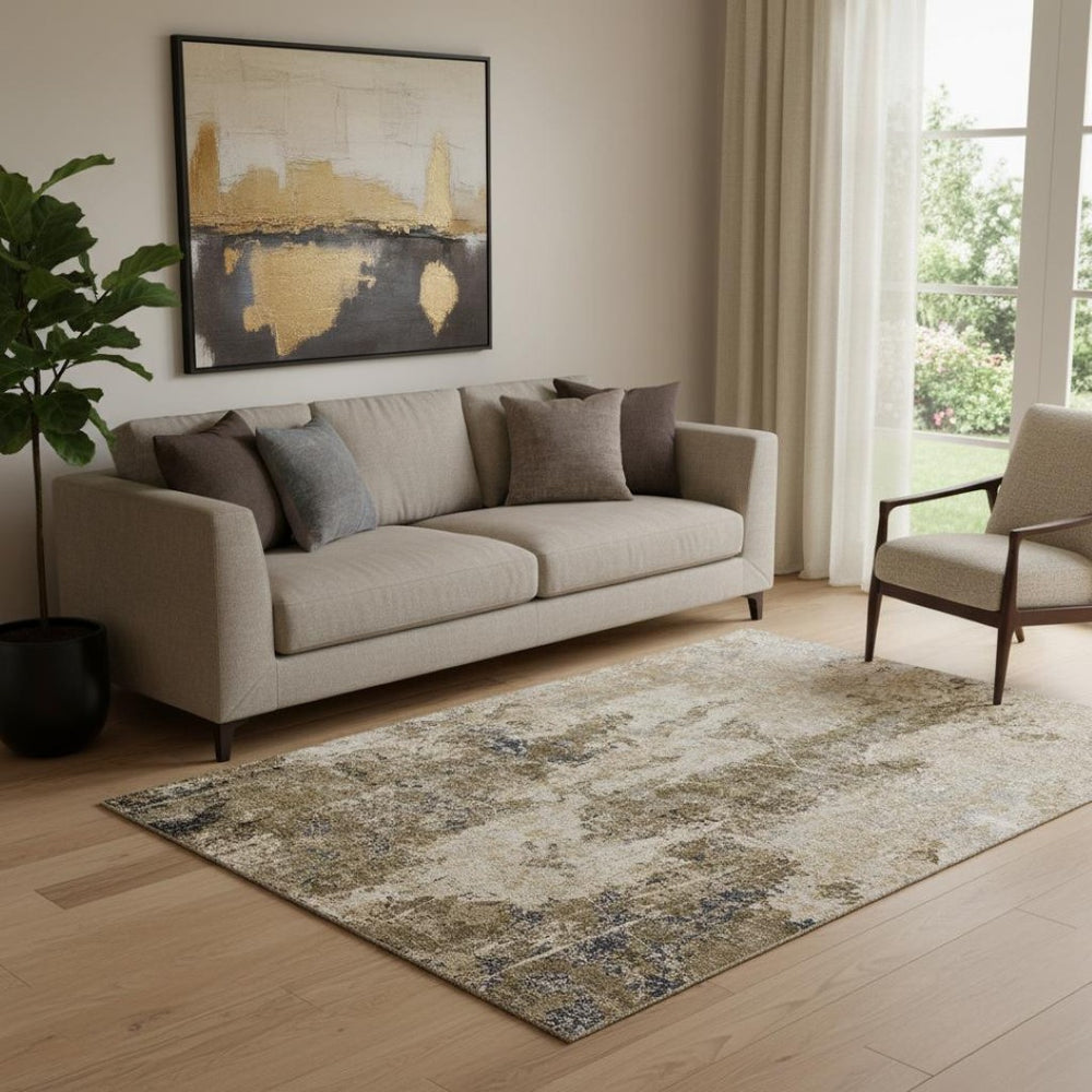HomeRoots 5' X 8' Khaki Beige & Charcoal Abstract Area Rug – Washable, Stain-Resistant, UV-Protected & Non-Slip! 693380