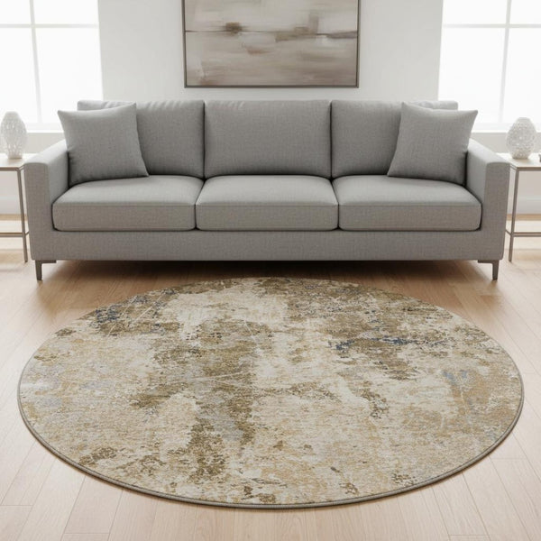 HomeRoots 8' Stylish Khaki Beige & Charcoal Abstract Round Rug - Washable, UV-Protected, Stain-Resistant Design 693381