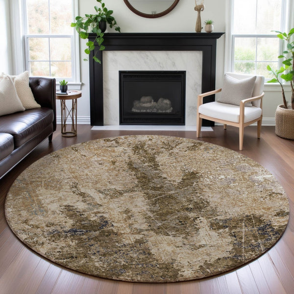 HomeRoots 8' Stylish Khaki Beige & Charcoal Abstract Round Rug - Washable, UV-Protected, Stain-Resistant Design 693381