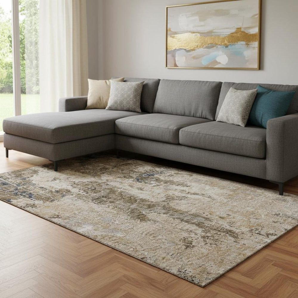 HomeRoots 8' Khaki Beige and Charcoal Abstract Washable Area Rug - UV Protected, Stylish, and Durable Design 693382