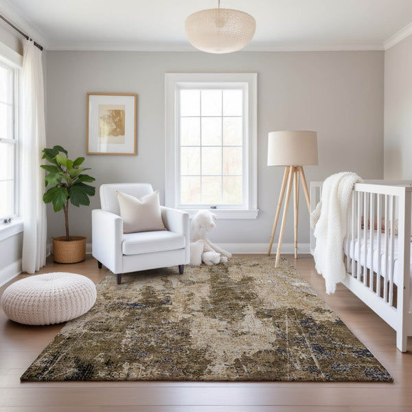 HomeRoots 9' X 12' Washable Khaki Beige & Charcoal Abstract Area Rug with UV Protection for High-Traffic Spaces 693383
