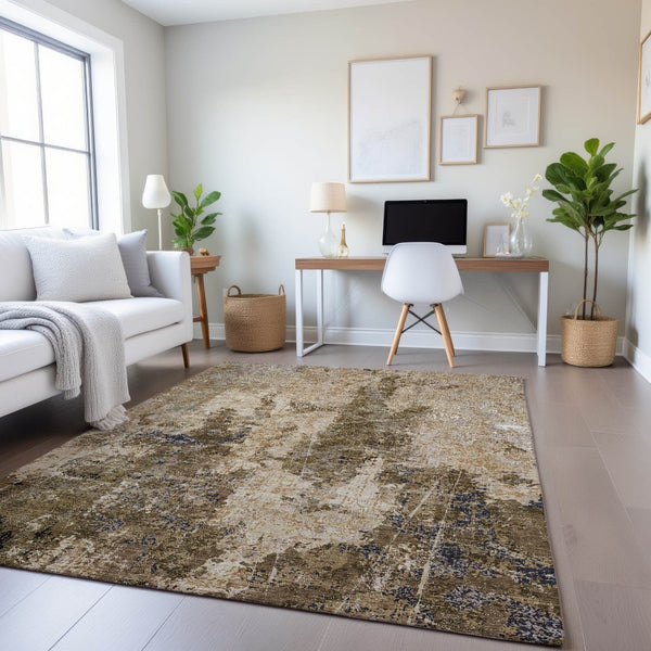 HomeRoots 10' Khaki Beige & Charcoal Abstract Washable Area Rug - UV Protected, Durable & Easy Care Design 693384