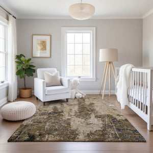 HomeRoots 10' Khaki Beige & Charcoal Abstract Washable Area Rug - UV Protected, Durable & Easy Care Design 693384