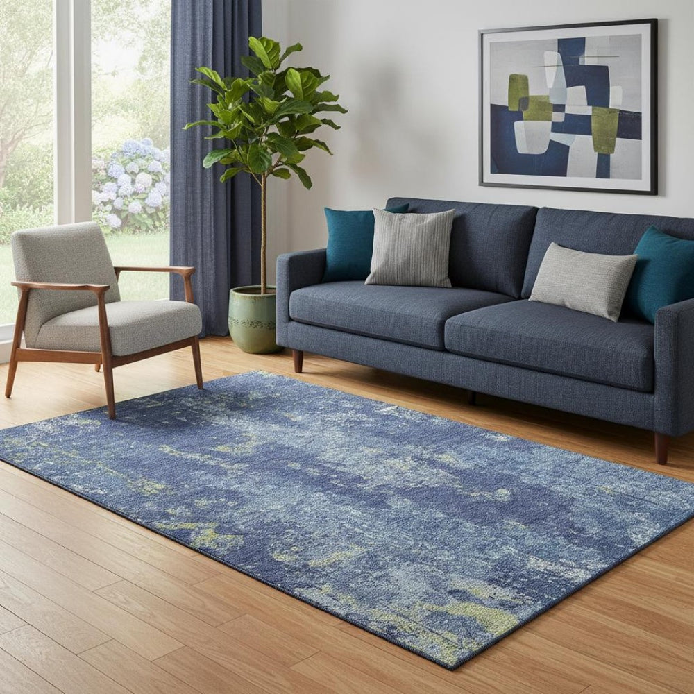 HomeRoots 5' X 8' Navy Blue & Lime Green Abstract Washable Area Rug - Stylish, UV-Protected, and Stain-Resistant! 693386