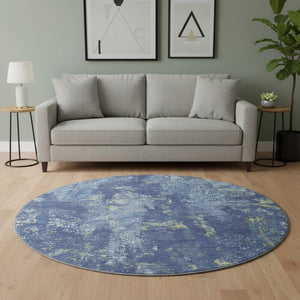 HomeRoots 8' X 8' Navy Blue & Lime Green Abstract Washable Round Rug - Durable, Stylish, UV Protected Design! 693387