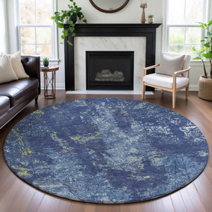 HomeRoots 8' X 8' Navy Blue & Lime Green Abstract Washable Round Rug - Durable, Stylish, UV Protected Design! 693387
