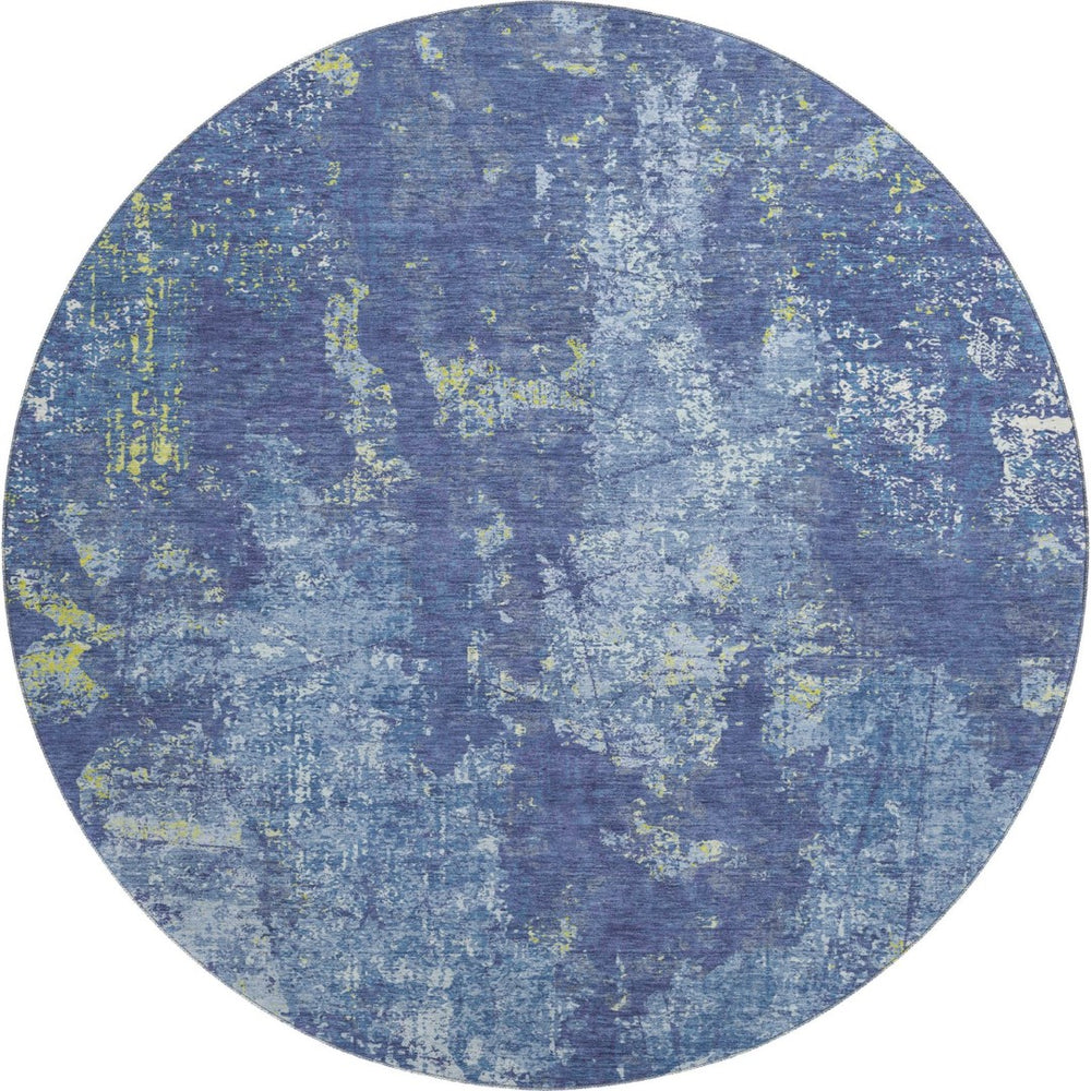 HomeRoots 8' X 8' Navy Blue & Lime Green Abstract Washable Round Rug - Durable, Stylish, UV Protected Design! 693387