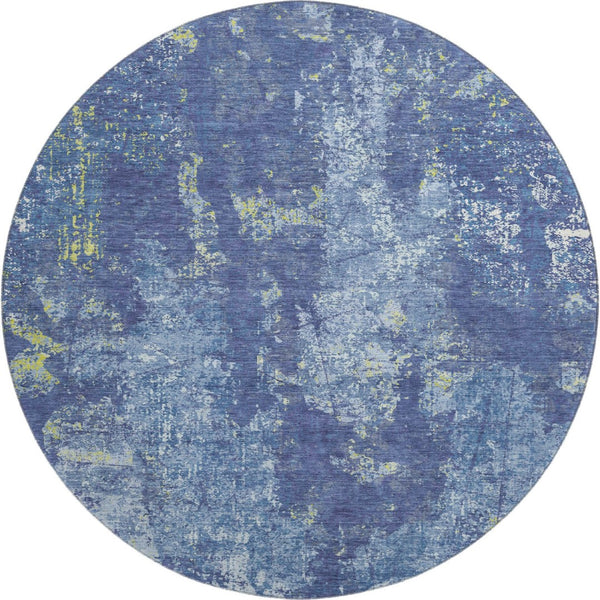 HomeRoots 8' X 8' Navy Blue & Lime Green Abstract Washable Round Rug - Durable, Stylish, UV Protected Design! 693387