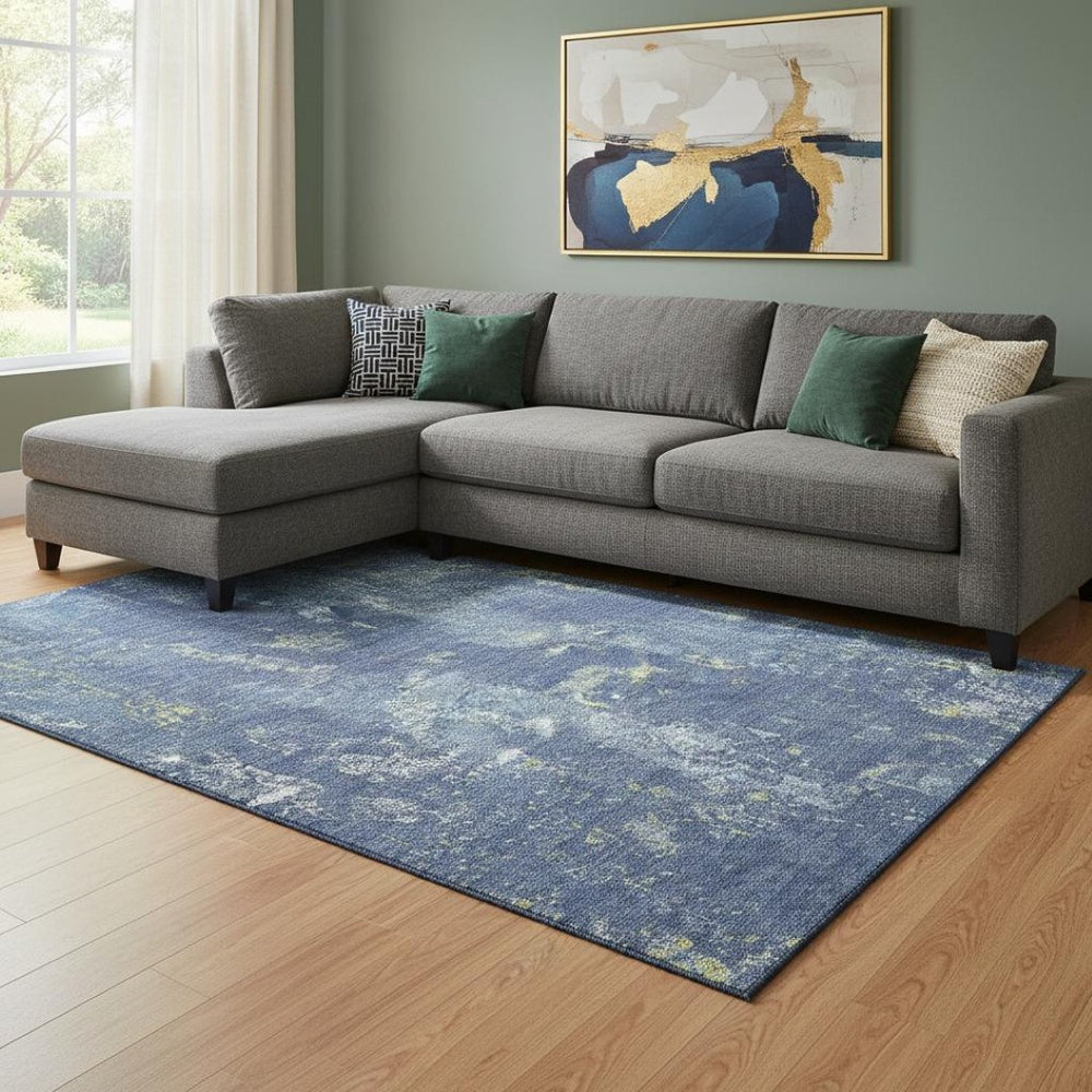 HomeRoots 8' Navy Blue & Lime Green Abstract Area Rug - Washable, UV-Protected, Durable, Perfect for High-Traffic Areas! 693388