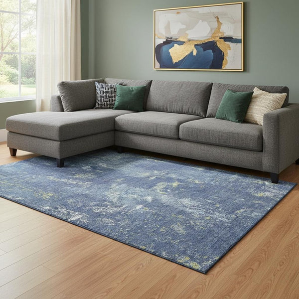 HomeRoots 8' Navy Blue & Lime Green Abstract Area Rug - Washable, UV-Protected, Durable, Perfect for High-Traffic Areas! 693388