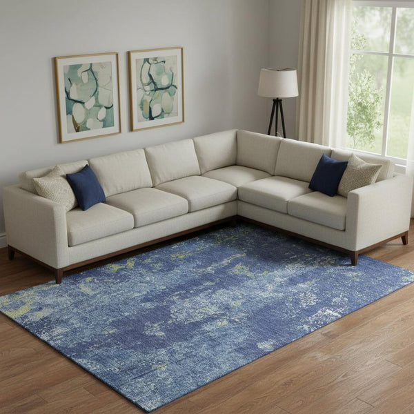 HomeRoots 9' X 12' Navy Blue and Lime Green Abstract Area Rug - Washable, UV Protected, Stylish & Durable Design 693389