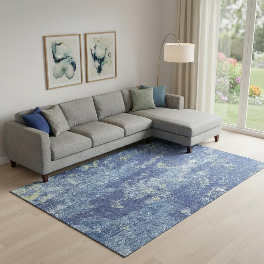 HomeRoots 10' X 14' Navy Blue & Lime Green Abstract Washable Area Rug – Durable, UV-Protected, Modern Design! 693390