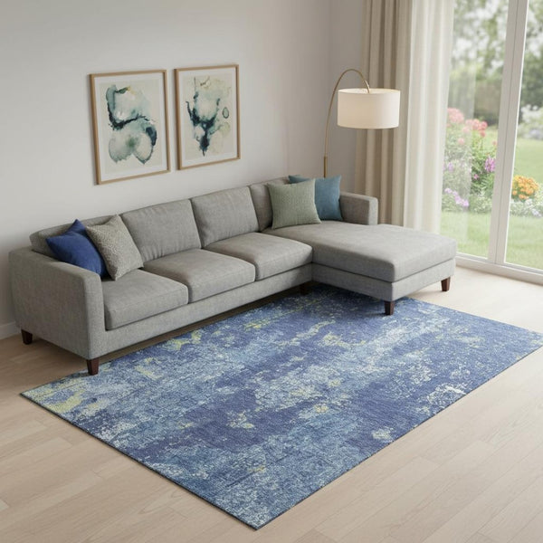 HomeRoots 10' X 14' Navy Blue & Lime Green Abstract Washable Area Rug – Durable, UV-Protected, Modern Design! 693390