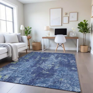 HomeRoots 10' X 14' Navy Blue & Lime Green Abstract Washable Area Rug – Durable, UV-Protected, Modern Design! 693390
