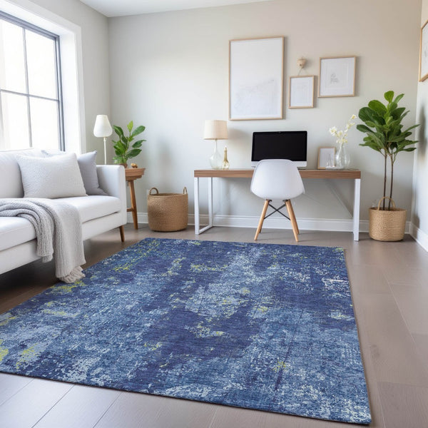 HomeRoots 10' X 14' Navy Blue & Lime Green Abstract Washable Area Rug – Durable, UV-Protected, Modern Design! 693390