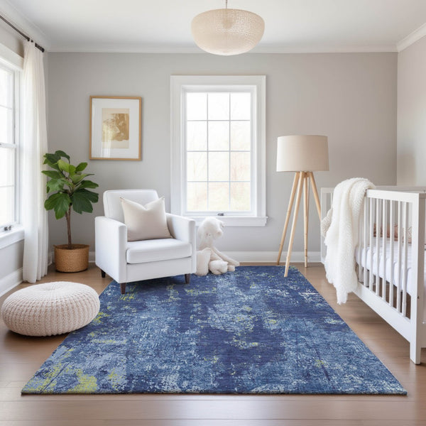 HomeRoots 10' X 14' Navy Blue & Lime Green Abstract Washable Area Rug – Durable, UV-Protected, Modern Design! 693390