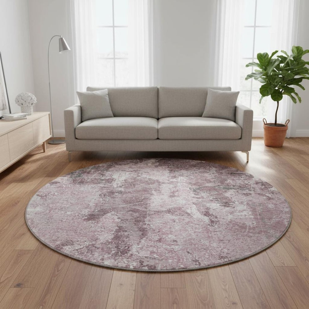 HomeRoots 8' X 8' Modern Abstract Washable Round Rug in Pink, Charcoal & Ivory - UV Resistant, Easy Care & Stylish 693393