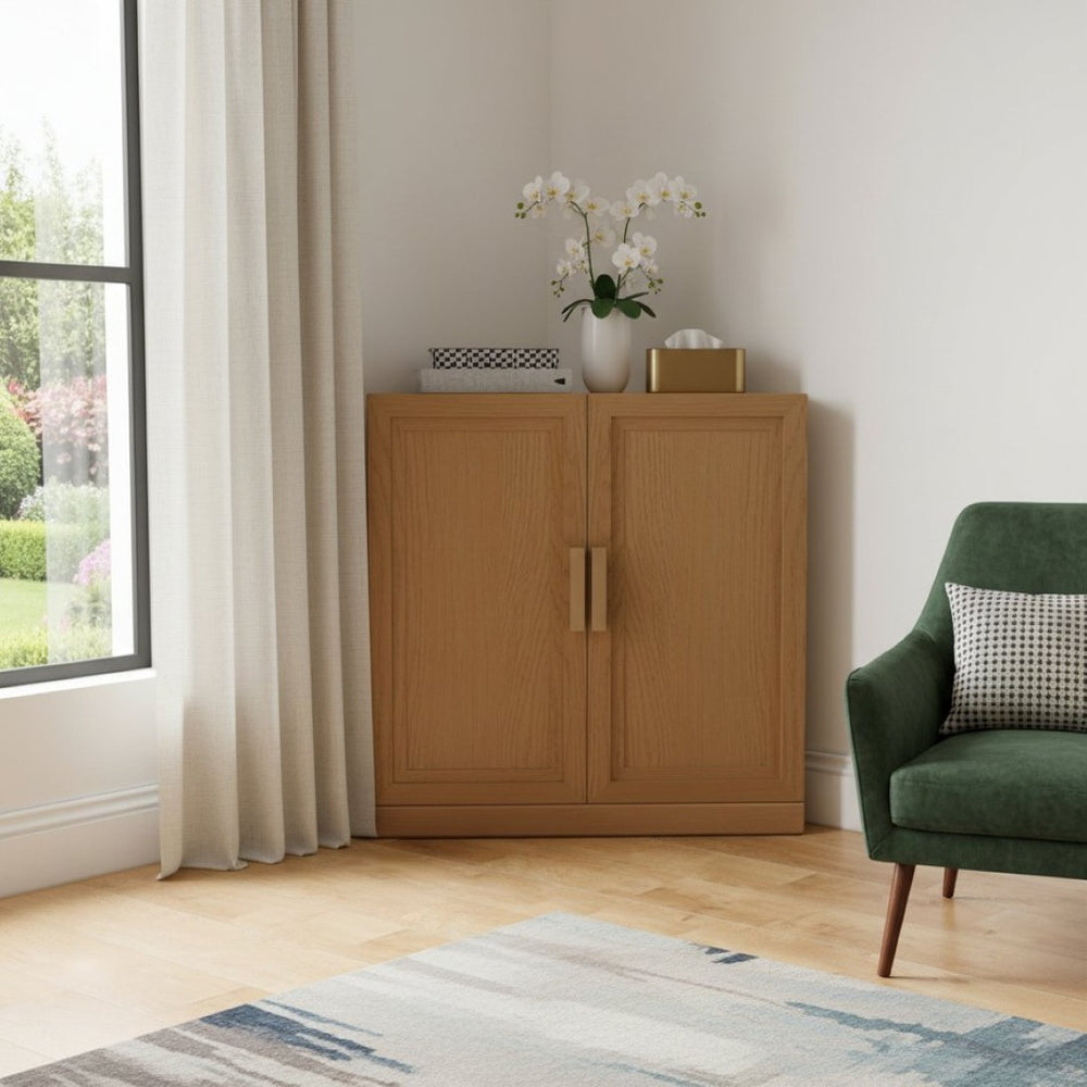 HomeRoots 31" Natural Wood Corner Accent Cabinet – Stylish Storage Solution for Any Room, Compact Design! 693399
