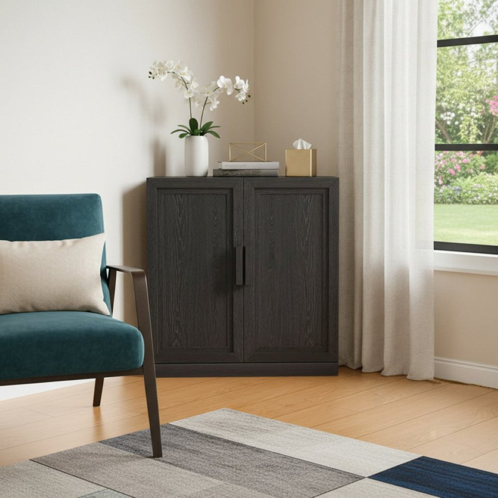 HomeRoots 31" Stylish Black Wood Corner Accent Cabinet for Space-Saving Storage in Modern Living Areas 693400