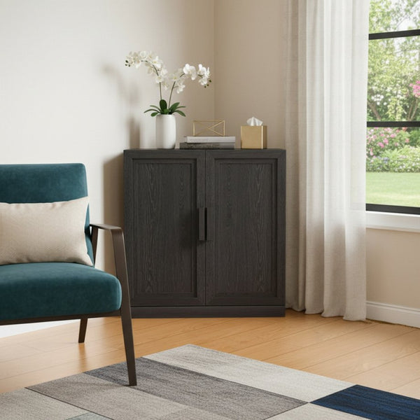 HomeRoots 31" Stylish Black Wood Corner Accent Cabinet for Space-Saving Storage in Modern Living Areas 693400