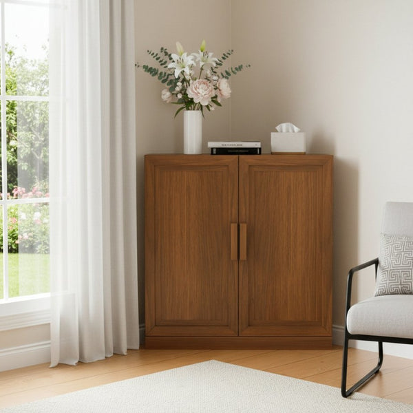 HomeRoots 31" Walnut Wood Corner Accent Cabinet - Stylish Storage Solution for Modern Living Spaces & Décor 693401