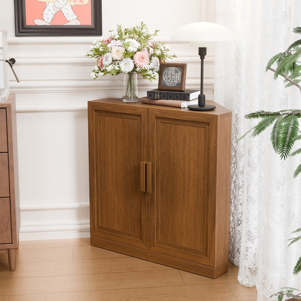 HomeRoots 31" Walnut Wood Corner Accent Cabinet - Stylish Storage Solution for Modern Living Spaces & Décor 693401