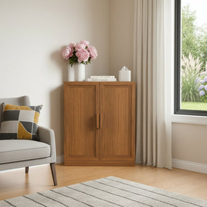 HomeRoots 31" Walnut Wood Corner Accent Cabinet - Stylish Space-Saving Storage for Modern Living Rooms & Dining Areas 693405