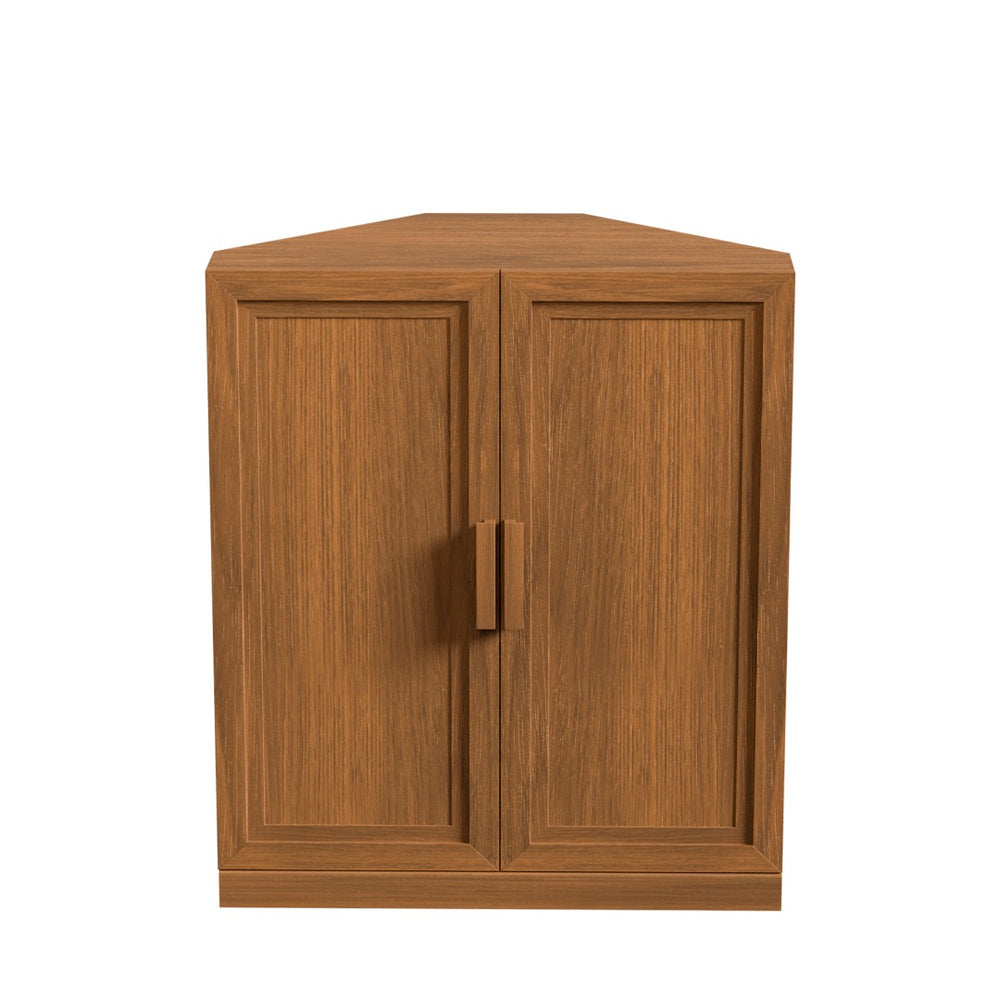 HomeRoots 31" Walnut Wood Corner Accent Cabinet - Stylish Space-Saving Storage for Modern Living Rooms & Dining Areas 693405