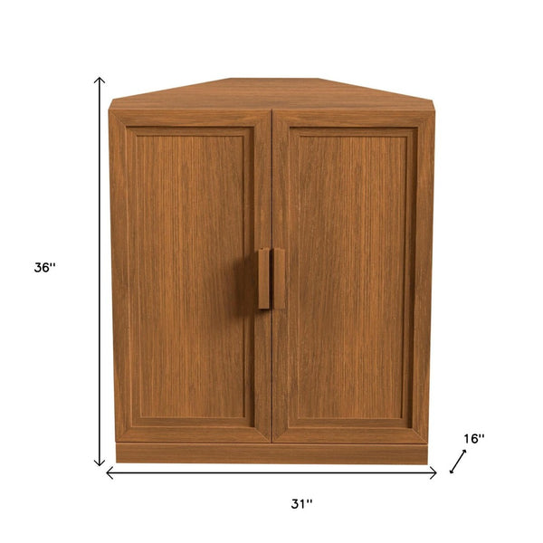 HomeRoots 31" Walnut Wood Corner Accent Cabinet - Stylish Space-Saving Storage for Modern Living Rooms & Dining Areas 693405