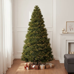 HomeRoots 7.5' Pre-Lit Full Spruce Christmas Tree - Lifelike Design with 120 Warm LEDs for Effortless Holiday Charm 90 693409