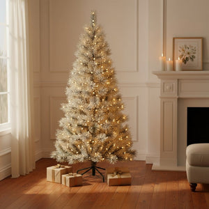 HomeRoots 6' Enchanting Pre-Lit Flocked Spruce Christmas Tree with 8 Lighting Modes for a Magical Holiday Glow 72 693412
