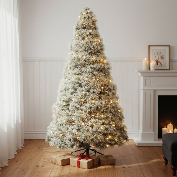 HomeRoots 6' Enchanting Pre-Lit Flocked Spruce Christmas Tree with 8 Lighting Modes for a Magical Holiday Glow 90 693413