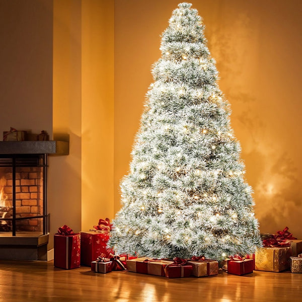 HomeRoots 6' Enchanting Pre-Lit Flocked Spruce Christmas Tree with 8 Lighting Modes for a Magical Holiday Glow 90 693413