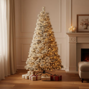 HomeRoots 6' Enchanting Pre-Lit Flocked Spruce Christmas Tree with 8 Lighting Modes for a Magical Holiday Glow 108 693414